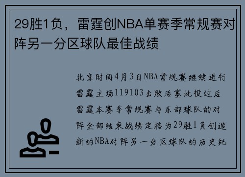 29胜1负，雷霆创NBA单赛季常规赛对阵另一分区球队最佳战绩