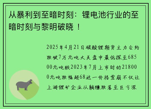 从暴利到至暗时刻：锂电池行业的至暗时刻与黎明破晓 ！